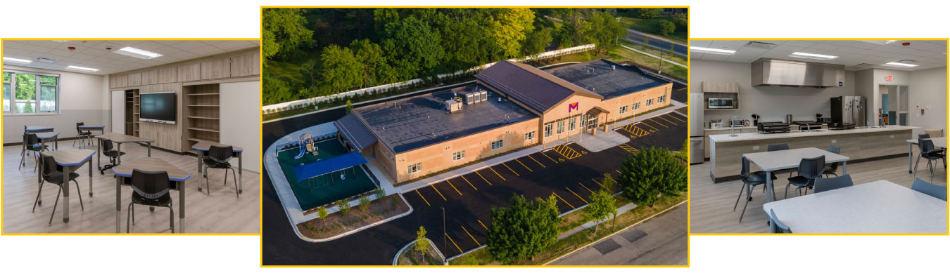 A photo of an empty classroom inside the Nathan Education Center. An overhead drone photo of the outside of the Nathan Education Center. A photo of an empty classroom with kitchen appliances.